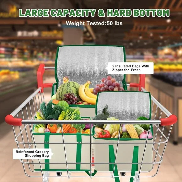 3Pack Reusable Grocery Bags w/ Reinforced Bottom & Handles(1-Tote + 2-Insulated) - Picture 4 of 13